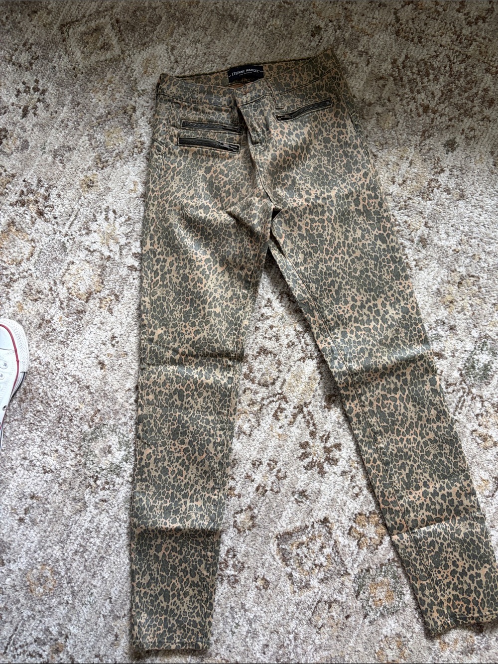 Leopard-Print Skinny Jeans in Olive/Tan by Unknown Brand